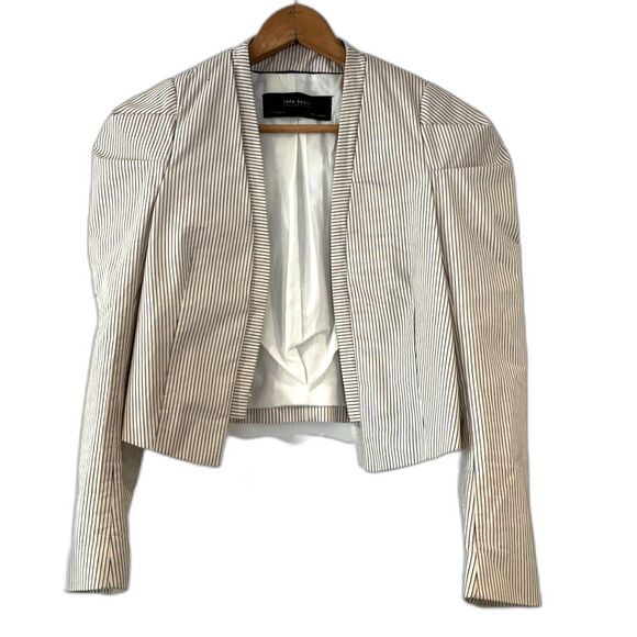 Zara Basic Collection Sm White Pin Striped Cropped Jacket Fitted Puff Shoulder - Picture 4 of 10